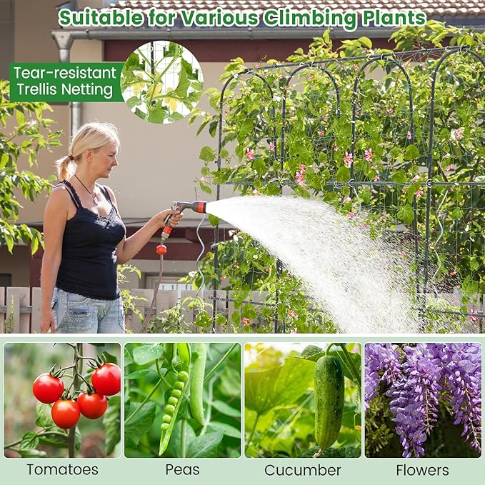 71” x 71” Trellis for Climbing Plants Outdoor U-Shaped Metal Garden Arched Trellis with Netting Sure-Clips &amp Ground Stakes Cucumber Trellis for Vegetable Fruit Flower Vine
