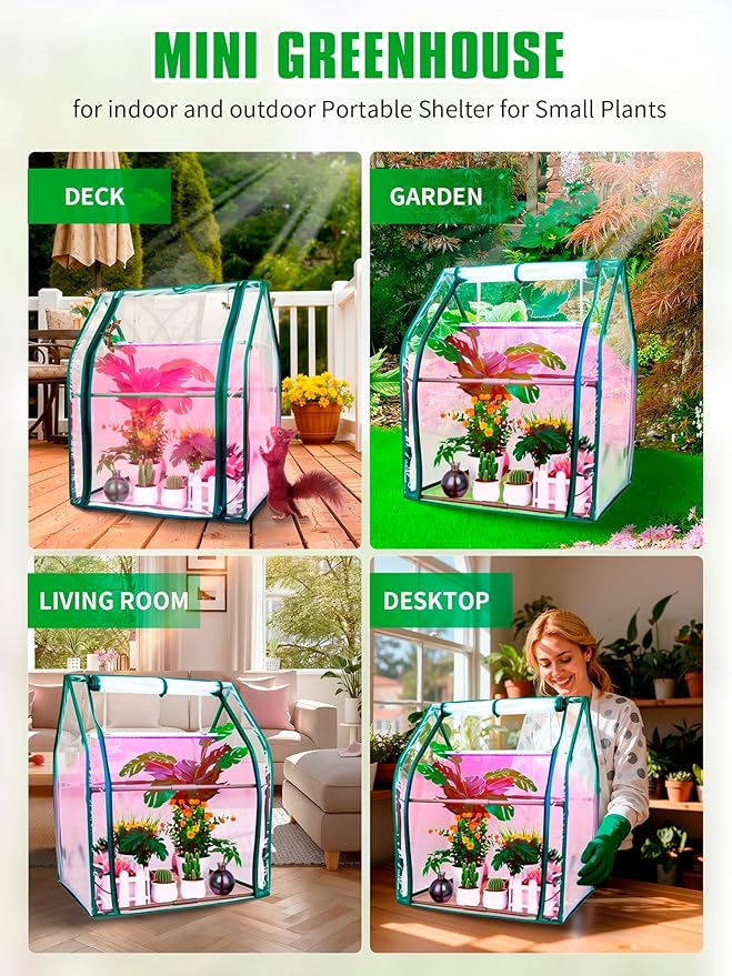 Mini Green House with Grow Light Mini Greenhouse Indoor 15W Full Spectrum Plant Lights &amp Timer for Seed Starter Tray Indoor Outdoor Plants 24x16x20