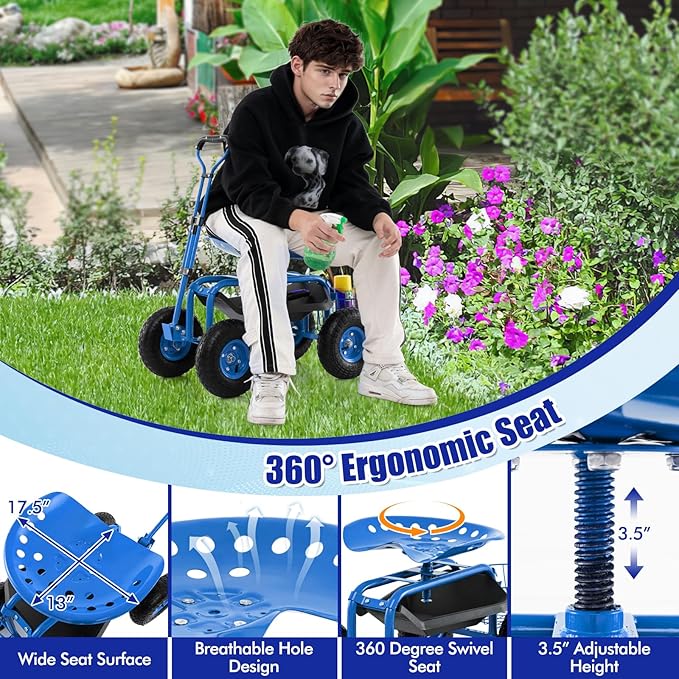 Goplus Rolling Garden Cart with Seat Outdoor Garden Stool with Wheels Tool Tray &amp Basket Adjustable Steering Handle 360 Degree Swivel Seat for Planting Gardening Scooter for Lawn Yard Patio