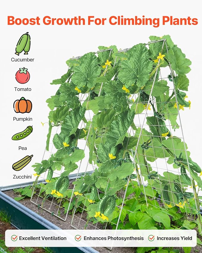 VEVOR Cucumber Trellis for Climbing Plants 35 H x 55 W Foldable Cucumber Trellis Set with Plant Clips Metal Garden Trellis for Raised Bed Outdoor Plant Grow Support for Tomato Vegetable(2 Pack)