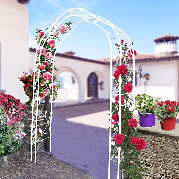 Galvanized Metal Garden Arch 98.4 Tall - Powder Coated Rust-Resistant Trellis for Climbing Roses &amp Vines Heavy Duty Wedding Arbor &amp Backyard Plant Support Structure (White W59'' x H98.4'')