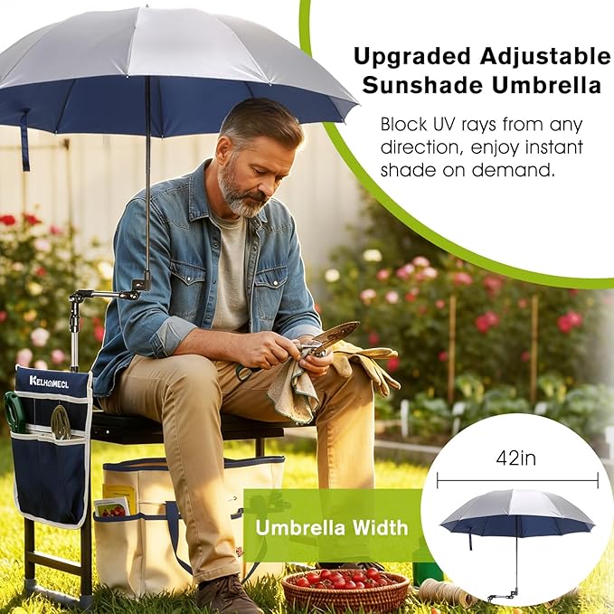 Garden Kneeler and Seat with Umbrella 2-in-1 Foldable Gardening Stool with Adjustable Bracket Detachable Tool Bags Heavy Duty Kneeling Pad for Gardening (Beige Blue)