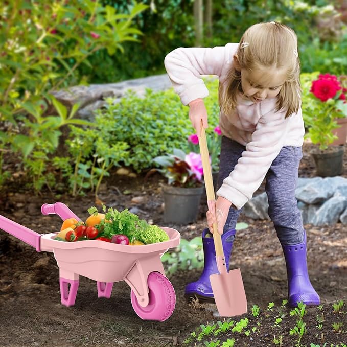 Kids Gardening Set with Wheelbarrow Real Metal Garden Tools for Kids Ages 3-8 4 Long Handle Tools 3 Hand Tool Gloves 5 Stickers Handbook Outdoor Backyard Toys for Toddler Gift