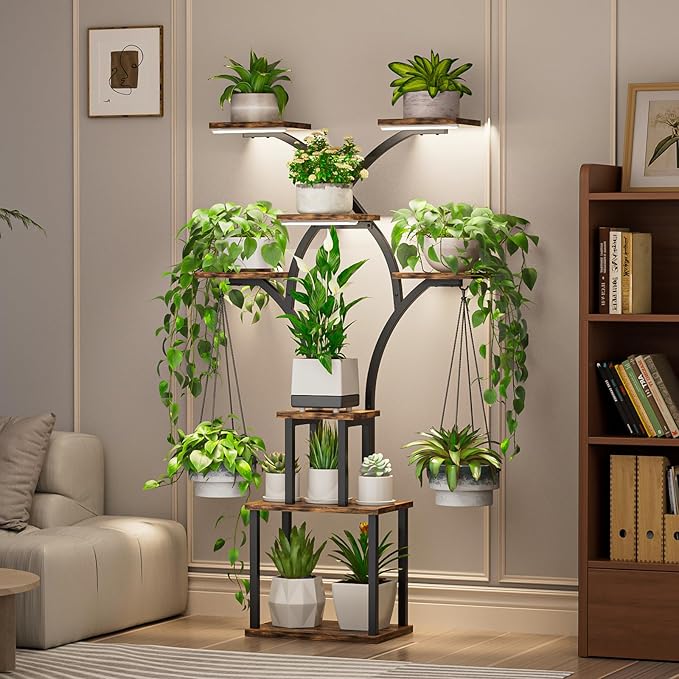 Elbourn Plant Stand Indoor with Grow Lights - 60 Tall Metal Plant Shelf for Multiple Plants 8 Tiered Corner Plant Stands for Indoor Plants X - Shaped Decorative Rack for Home Living Room &amp Pat