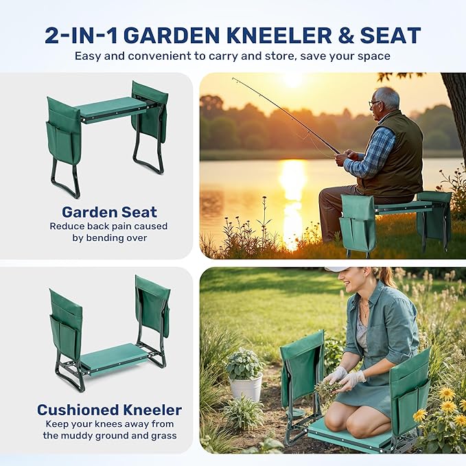 InfiniPower Garden Kneeler and Seat Foldable Kneeling Bench with Sturdy Soft EVA Foam Pad Hold Up to 330lb 2 Tool Pouches Included for Gardening Fishing Camping Green