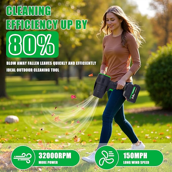 Leaf Blower 21V Cordless Blower with 2 x 3.0Ah Batteries and 1 Hour Fast Charger Lightweight Leaf Blower for Patio Cleaning Lawn Care Blowing Fallen Leaves and Dust etc.
