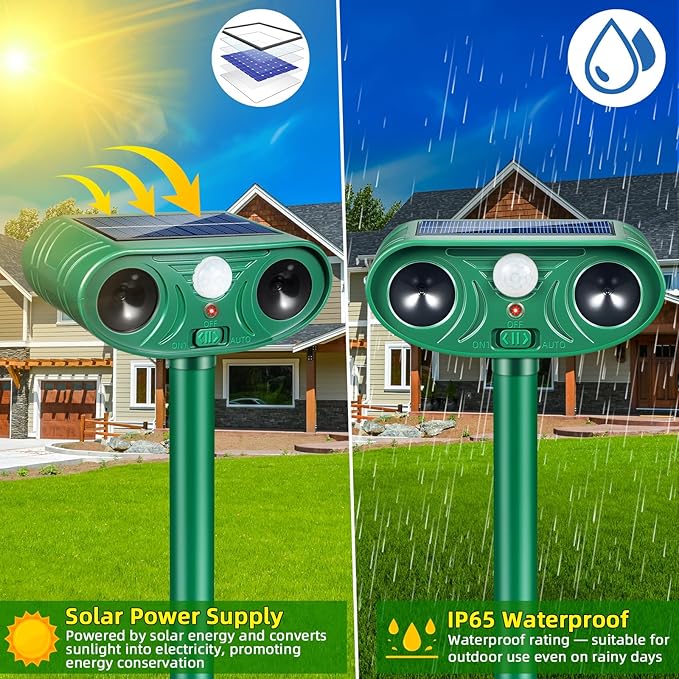2026 Solar Animal Repellent Outdoor&ampCat Repellent Outdoor with Motion Deer Repellent Devices Ultrasonic Cat Deterrent Fox Raccoon Squirrel Rabbit Coyote Deterrent for Farm Orchard Garden 4 PCS