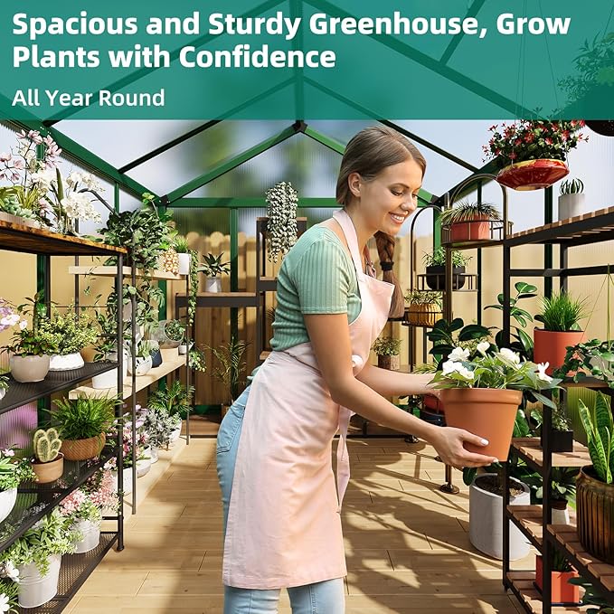 6x8 FT Greenhouse - Large Aluminum Greenhouses for Outdoors Heavy Duty Polycarbonate Greenhouse with Roof Vent&ampGround Nails Walk-in Green Houses for Garden Backyard Patio Easy Assembly