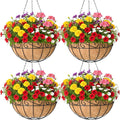 4 Pack 10 Inch Hanging Baskets for Plants Outdoor Metal Hanging Planter Basket with Coco Coir Liner Hanging Flower Baskets Hangings Flower Pots Holder for Garden Patio(Flower)