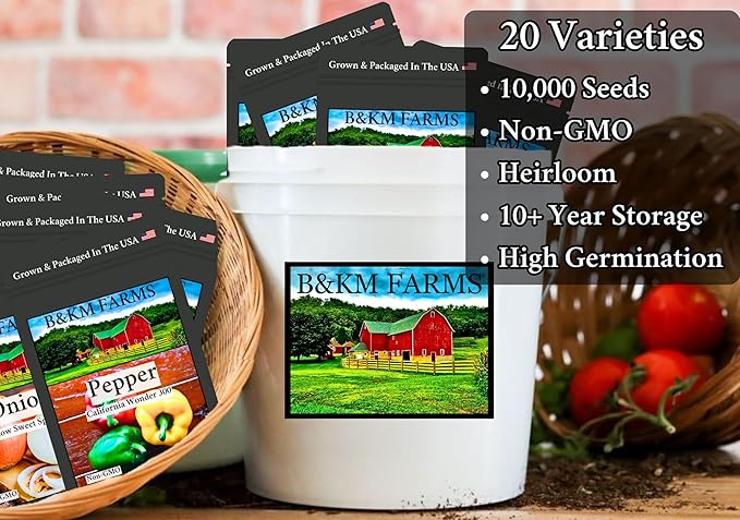 Beginner Survival Seed Vault: 10000+ Heirloom &amp Non-GMO Seeds (20 Easy to Grow Varieties) by B&ampKM Farms