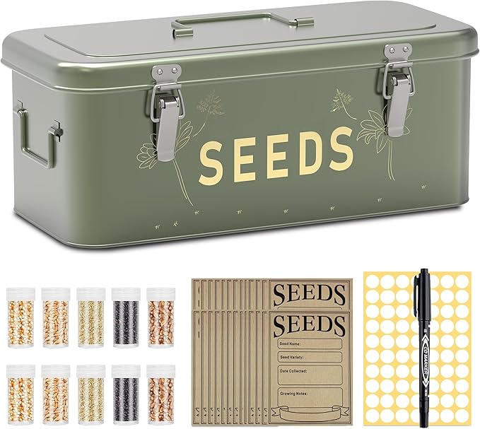 Orionstar Metal Seed Storage Organizer Kit with 30 Bottles &amp Envelopes 4 Compartment Locking Box for Gardening Heirloom Flower Vegetable Preservation Vintage Dark Green Gardener Gift