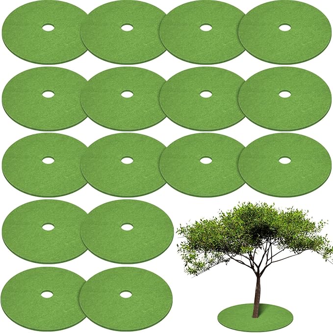 Shimeyao 16 Pcs 32.2 Inch Non Woven Tree Mulch Ring Round Tree Weed Barrier Mat Reusable Landscape Protector Base Barrier Fabric for Weed Root Protection(Grass Green)