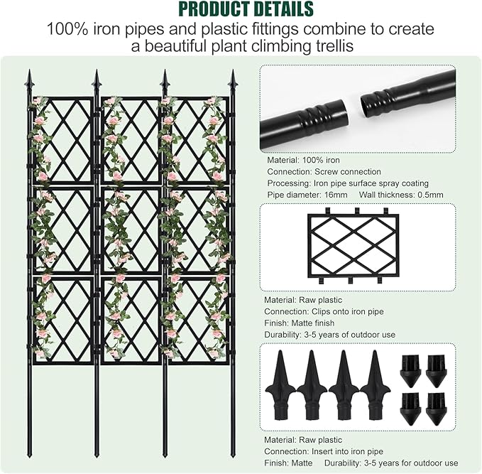 Garden Trellis for Climbing Plants Outdoor 5.25 FT Iron Pipe Metal Support Wall Tall Plant Trellis Lattice Fence Plant Support with Garden Twist Tie for Ivy Vines Rose