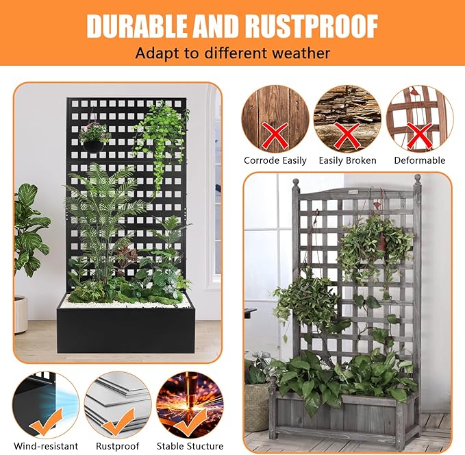 Metal Planter Box with TrellisRaised Garden Bed with35''Lx18''Wx71''Hfor Climbing PlantsVegetables &amp VinesPlanter with Trellis &ampDrainage Holes Privacy Planters (35''Lx18''Wx71''H)