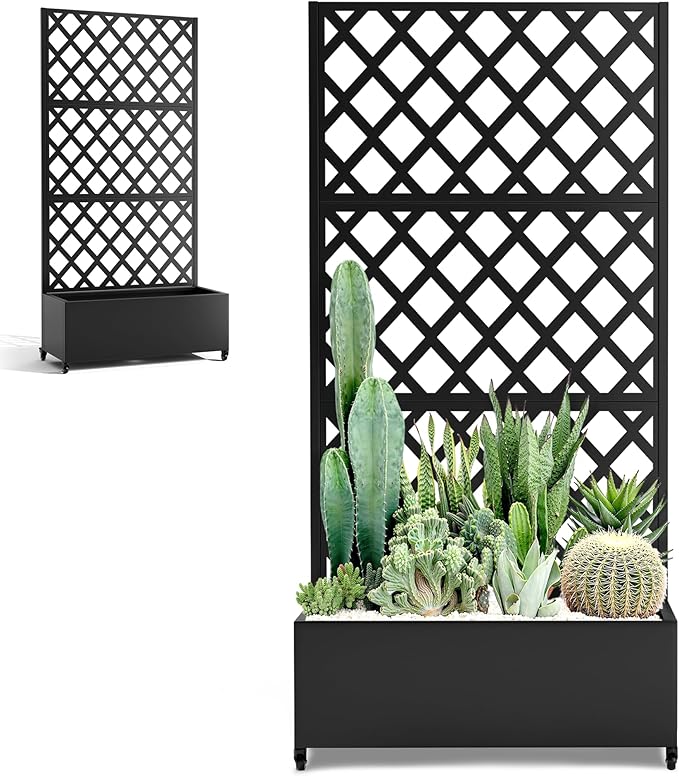 Metal Large Garden Bed with Trellis &amp Wheels Planter Box with Privacy Screen for Climbing Plants Privacy Planters for Patio 35 L Garden Boxes with Drainage Holes (Black Diamond)