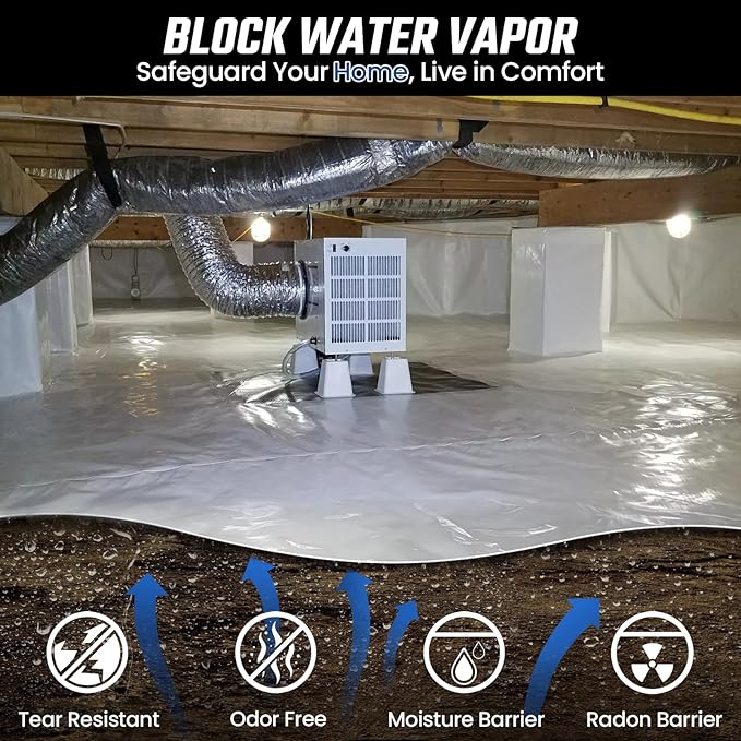 Crawl Space Vapor Barrier 10 Mil Vapor Barrier 10' x 50' Drop Cloth Moisture Barrier Covering for Crawlspace Encapsulation Thick Plastic Sheeting Polyethylene Film Black and White Panda Film