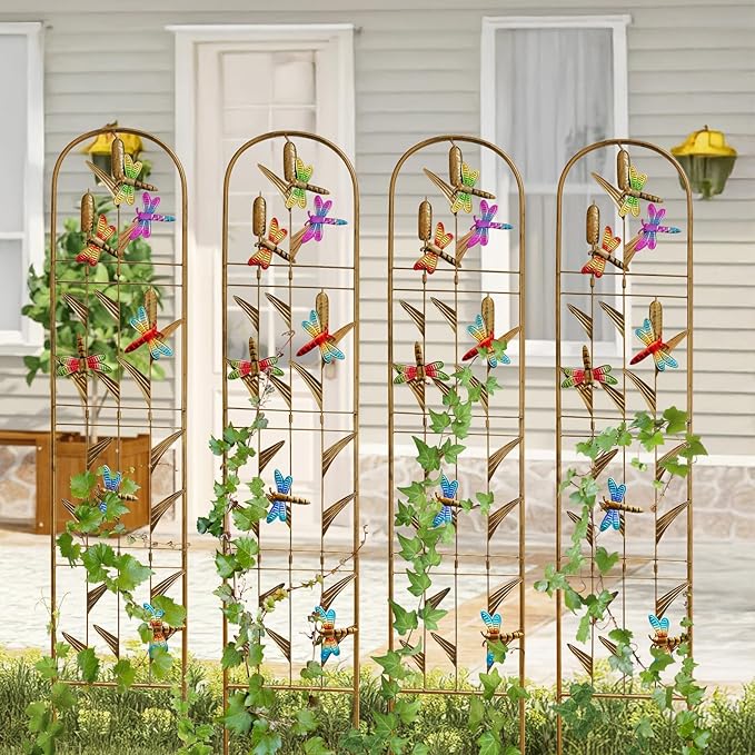 4 Pack Metal Garden Trellis with Colorful Dragonfly Outdoor Decoration Arched Fence Trellis for Climbing Plants for Patio Backyard