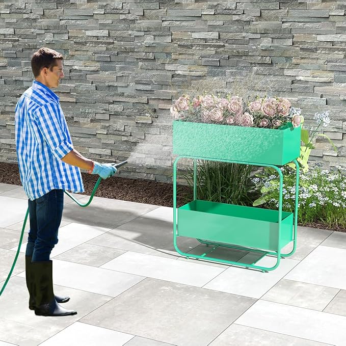 Raised Garden Bed 2 Tier Outdoor Metal Planter Box Plant Stand with Drainage Planter Holder Rack Fruit Vegetables and Flowers Can Be Grown Green