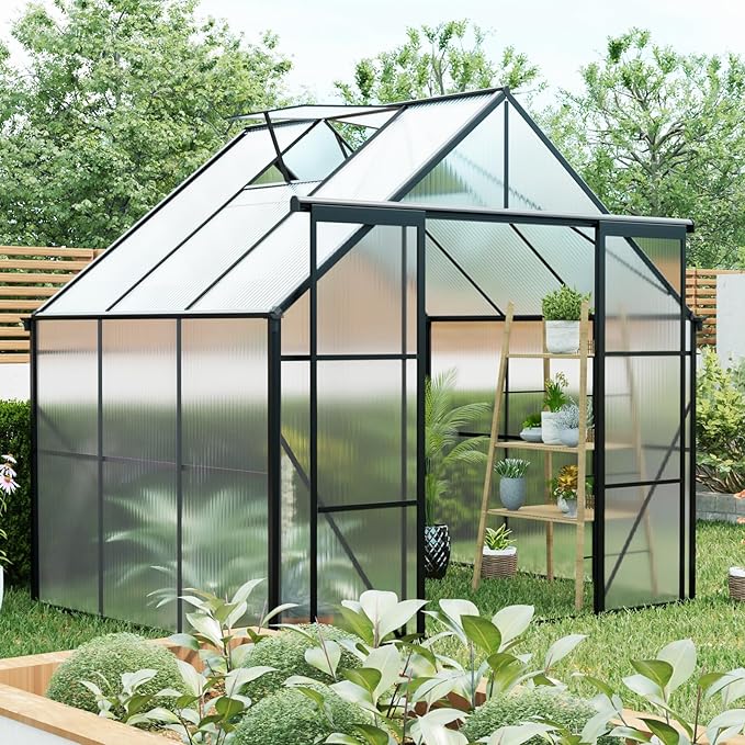 8x6 Greenhouse for Outdoor with Double Door and Adjustable Roof Walk-in Polycarbonate Gardening Green House with Raised Base and Anchor Drainage System for Backyard Lawn Black