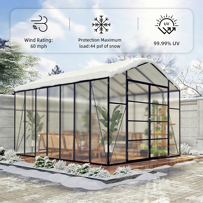 Greenhouse for Outdoors 8x14x7.8FT Polycarbonate Greenhouse with Stronger Wind Protection and Roof Vent Walk-in Large Aluminum Sunroom Winter Proof Black