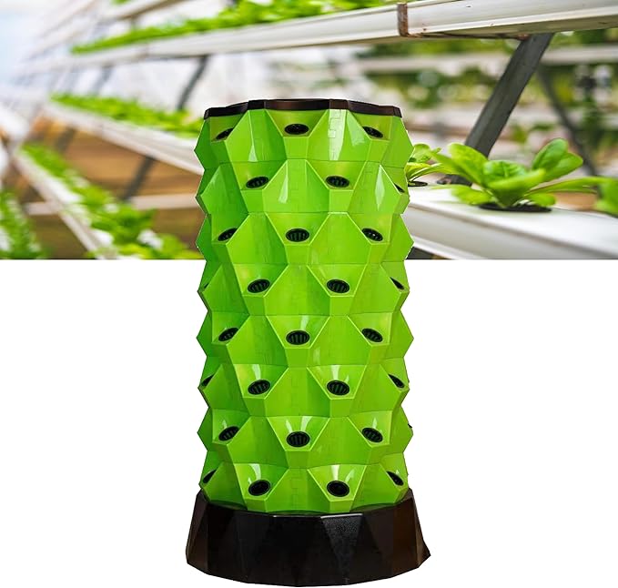 Hydroponics Indoor Garden Growing Sys-tem Hydroponics Tower Aeroponic Garden Tower with Hydrating Pump Adapter Seeding Bed &amp Net PotsGreen-64holes