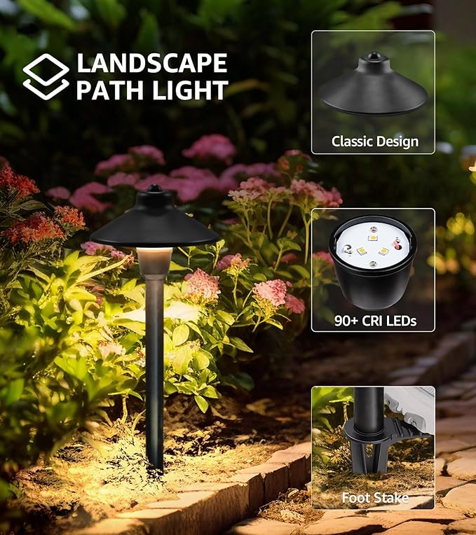 SUNVIE Low Voltage Pathway Lights LED Landscape Lighting 3000K Waterproof Landscape Path Lights 3W Landscape Lighting for Walkway Yard ETL Listed Cord 12 Pack