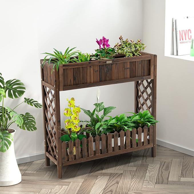 Giantex Planter Raised Bed Elevated Potted Plant Rack W/Shelf Fence Wooden Standing Plant Container Box w/Trellis for Vegetable Flower Herb Succulent Indoor Outdoor Patio Balcony (Brown)