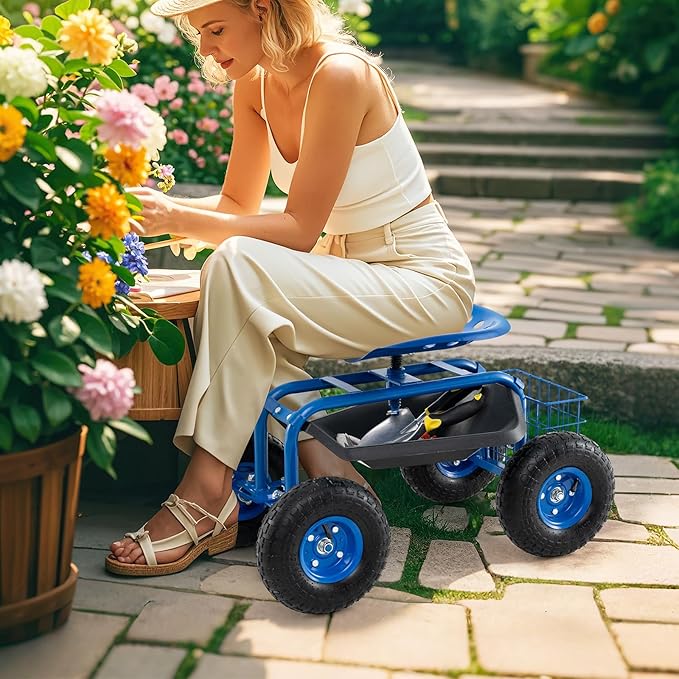 Giantex Garden Workseat 360 Swivel Rolling Seat with Wheels Tools Basket Gardening Cart with Seat Adjustable Height Wagon Scooter for Patio Lawn Yard Outdoor Steerable Stool (Blue)