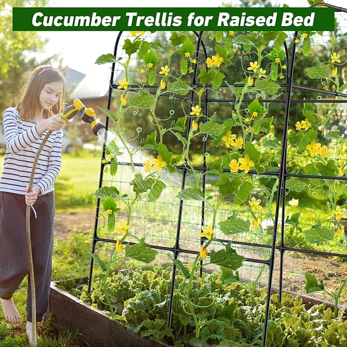 7ft Cucumber Trellis for Raised Bed Garden Arch Trellis for Climbing Plants Outdoor Indoor Metal Trellis Support with Net for Vegetables Tomato Zucchini Squash Beans Peas Melons Rose FlowersVines