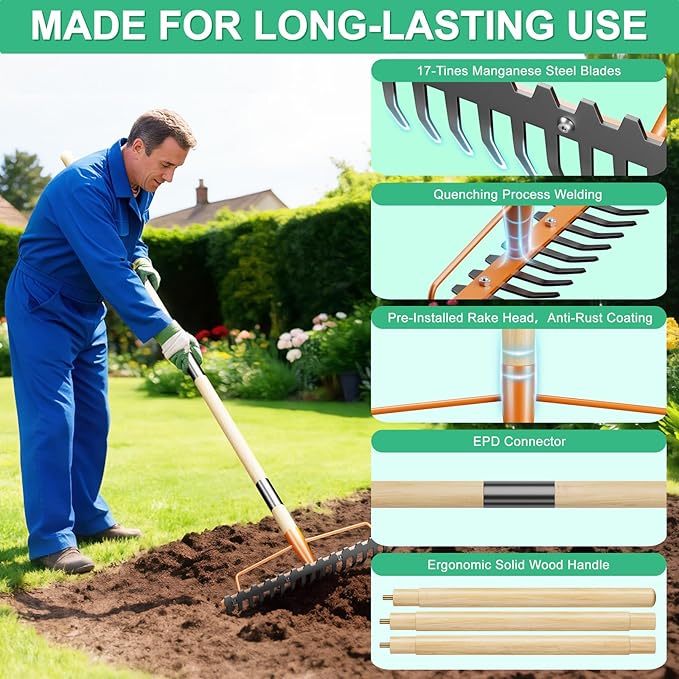 17 Tines Wide Head Bow Rake for Soil Leveling Garden Rake Heavy Duty with 55” Adjustable Wooden Handle Heavy Duty Metal Rake for Lawns Gardening Loosening Soil Gathering Leaves Landscaping