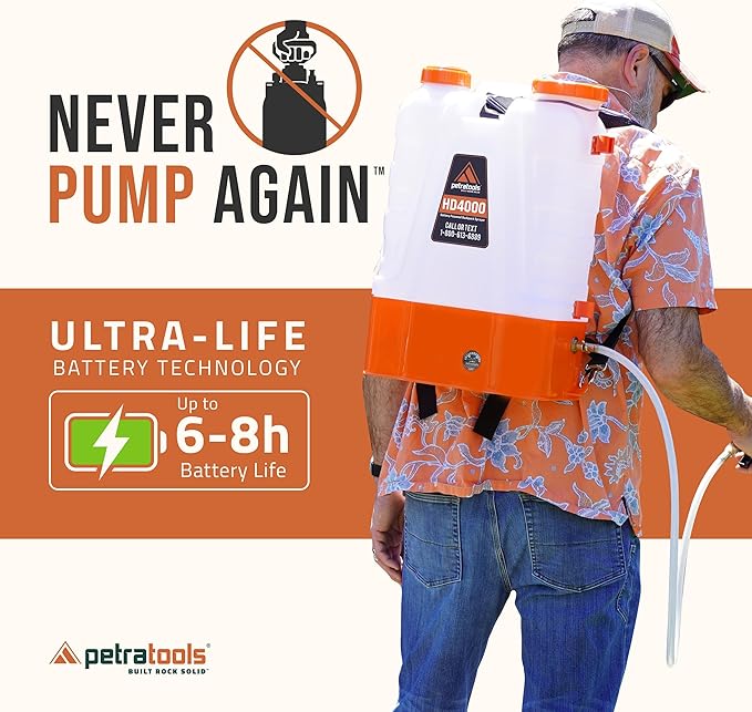 PetraTools Battery Powered Backpack Sprayer 4 Gallon - 6 Hours Long Battery Life &amp Padded Straps for Comfort - HD4000 Electric Backpack Garden Sprayer with 6 Spray Nozzles (HD4000 with Cart)