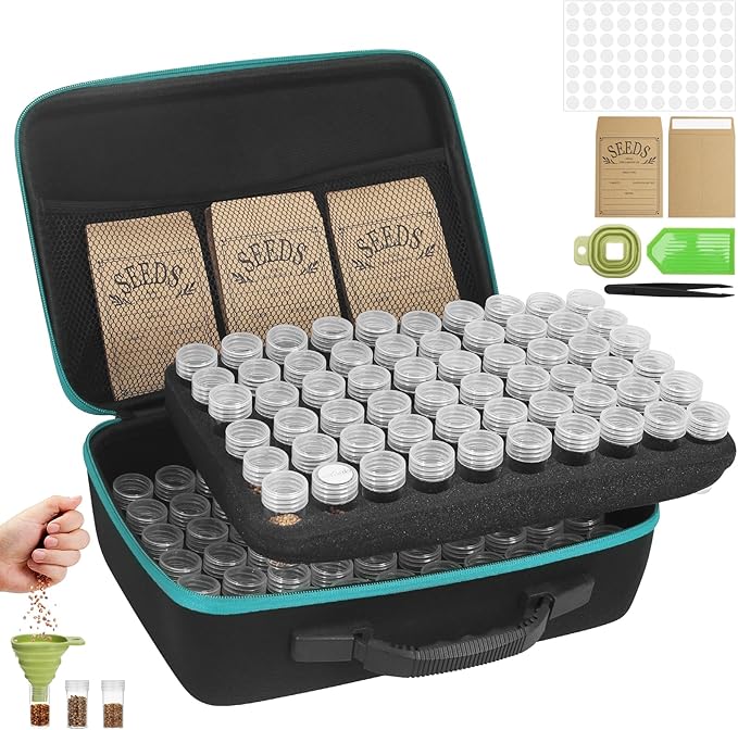 120 Slots Seed Storage Box with 25 Envelopes and Tools Large Sturdy Storage Organizer for Garden Plant Seeds Seed Bank with Zipper Label Funnel Tweezers Tray (Seeds Not Included)