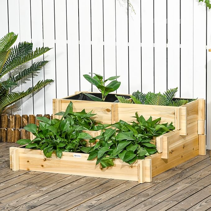 Outsunny 3-Tier Raised Garden Bed with 5 Compartments and Bed Liner Fir Wood Elevated Planter Box for Vegetables Herbs Outdoor Plants 37 x 37 x 14in Natural