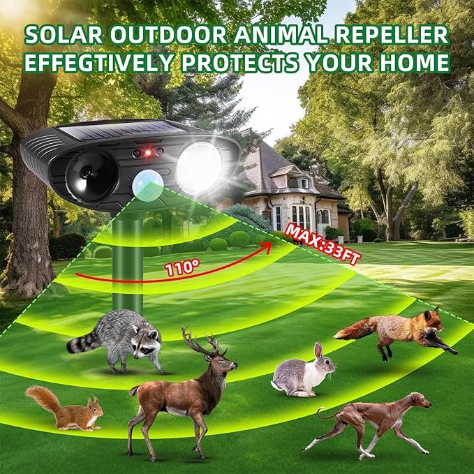 4Pack Ultrasonic Raccoon Repellent Outdoor Solar Animal Repellent with Motion Sensor&ampStrobe Light Cat Deterrent Outdoor Deer Repellent Device to Scare Skunk Squirrel Rabbit Repellent for Yard