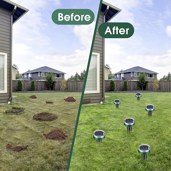 Mole Repellent for Lawns - Ultrasonic Gopher Repellent Solar Powered for GardenYard - Waterproof Sonic Mole Spike for SnakeChipmunkOutdoor Pest Control Vole Deterrent