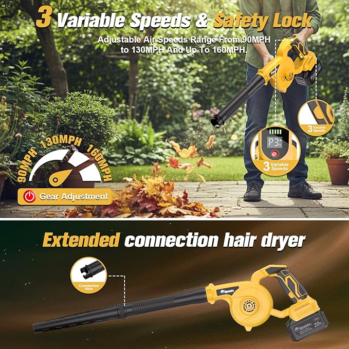 Leaf Blower- Brushless Electric Cordless Leaf Blower with Battery and Charger 3 Speed Mode Lightweight Cordless Blower for Blowing Leaves Patio Cleaning Blowers for Lawn Care and Dust