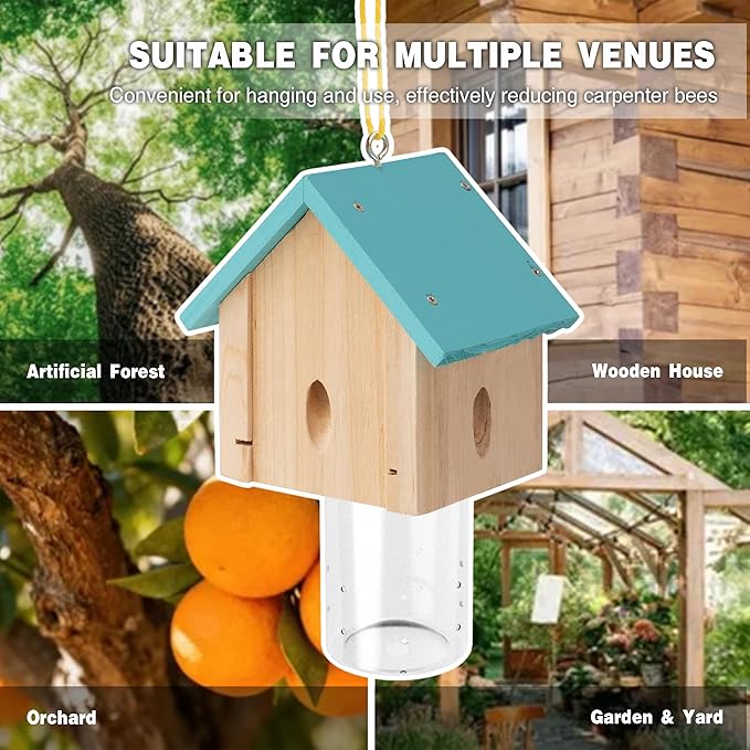 Carpenter Bee Trap for Outside - Best Bee Trap - Blue Cabin Style Nature Hanging Wood Carpenter Bee Traps Outdoor - Insect Traps with Removable Vault (1 Pack)