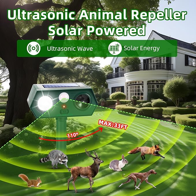 4 Pack Ultrasonic Solar Animal Repellent Cat Deterrent OutdoorDeer Repellent with Motion Sensor Strobe LightWaterproof Animal Repeller for Raccoon Squirrel Rabbit Dog SkunkYard Garden Protection