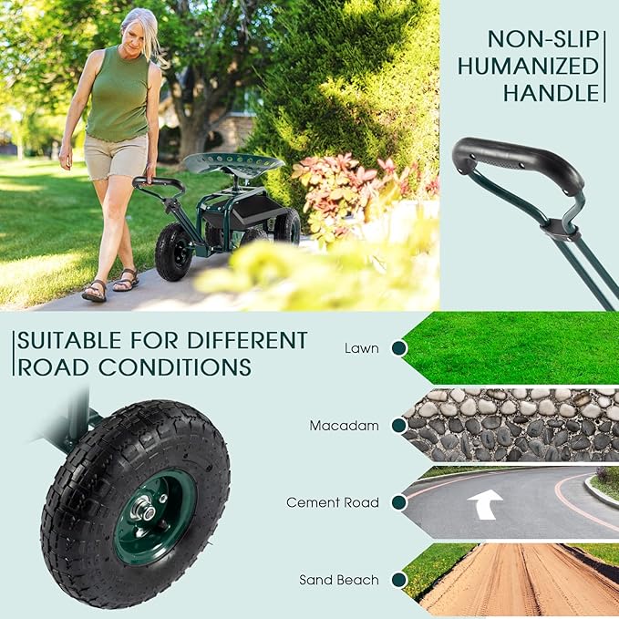 Garden Cart with Workseat Outdoor Gardening Carts with Seat Heavy Duty Rolling Garden Stools Scooter with Handle and Storage for Seniors Green
