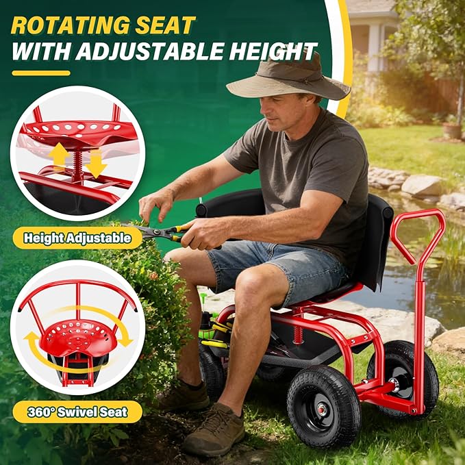 Garden Seat with Wheels Rolling Garden Stool with Adjustable 360°Swivel Seat Storage Basket &amp Extendable Handle Outdoor Gardening Scooter Garden Cart Workseat Stools for Seniors