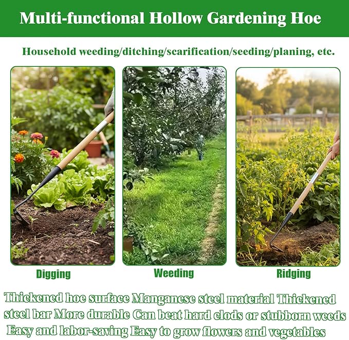 Gardening Tools Hollow Hoe All-Steel Hardened Hollow Hoe with 55 Inch Long Handle Sharp Edge Garden Weeding Tools Garden Weeder Tool Shovel Weed Puller for Backyard Loosening Farm Planting Weeding