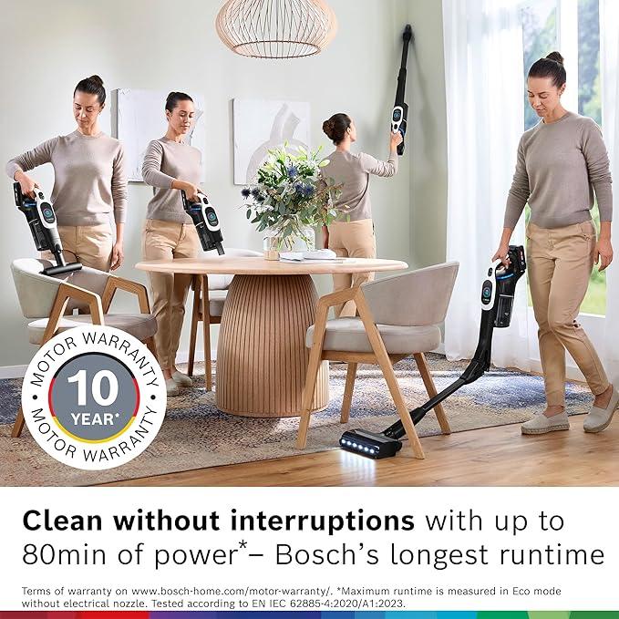 Bosch Unlimited 10 Cordless Stick Vacuum Cleaner - Up to 80 Min Battery Pet Hair Hard Floors Carpets HEPA Filter Bendable Tube for Under Furniture Upholstery 3 Accessories White