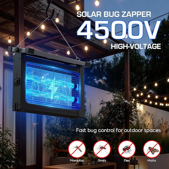 Solar Bug Zapper Outdoor Waterproof 4500V High Power Cordless Mosquito Zapper with Smart Light Sensor Dual Solar &amp USB Rechargeable Insect Killer for Patio Garden Backyard Indoor &amp Outdoo