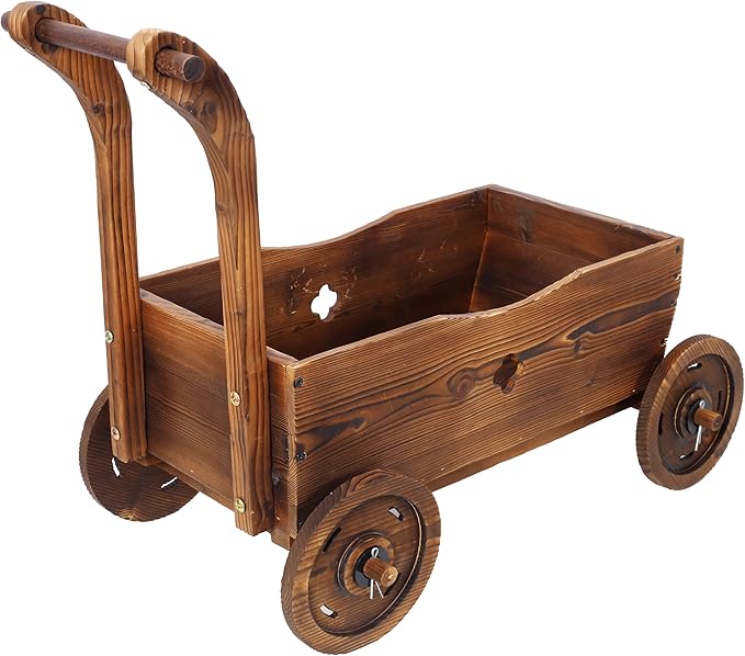 Wooden Wagon Planter Box Mobile Garden Planter with 4 Wheels Handle Drain Hole Decorative Flower Planter for Indoor Outdoor Decor Wooden Flower Cart for Patio Garden Balcony Brown