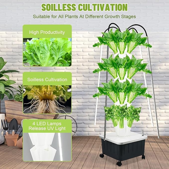 8 Tiers 40 Plant Hydroponic Growing Tower Indoor Garden Planter with LED Grow Light Vertical Smart Plants Germination Kit with Wheels and Timed Plug for Fruits Vegetables Herbs