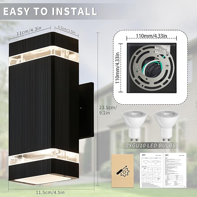 Square Outdoor Wall Lights Up and Down LED Porch Lights Aluminum Exterior Lighting Fixtures with 2 * 7W Bulbs 3000K Waterproof Outdoor Sconces Wall Lighting for House Porch Garage Patio Black