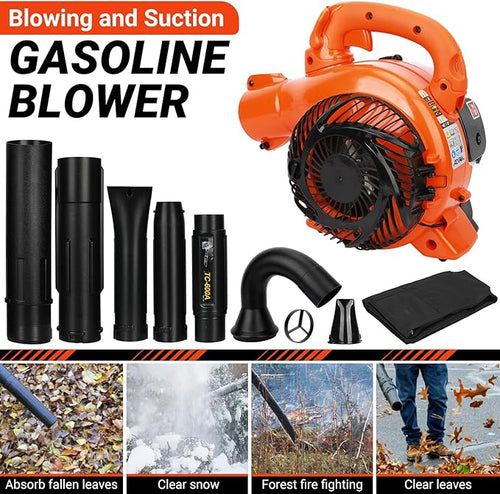 2-in-1 Cordless Leaf Vacuum | Blowing &amp Suction | 2 Stroke Handheld Gas Powered Leaf Vacuum Mulcher with Bag | Gas Blowers with Straight and Curved Blow Pipe for Lawn Care Snow Removal