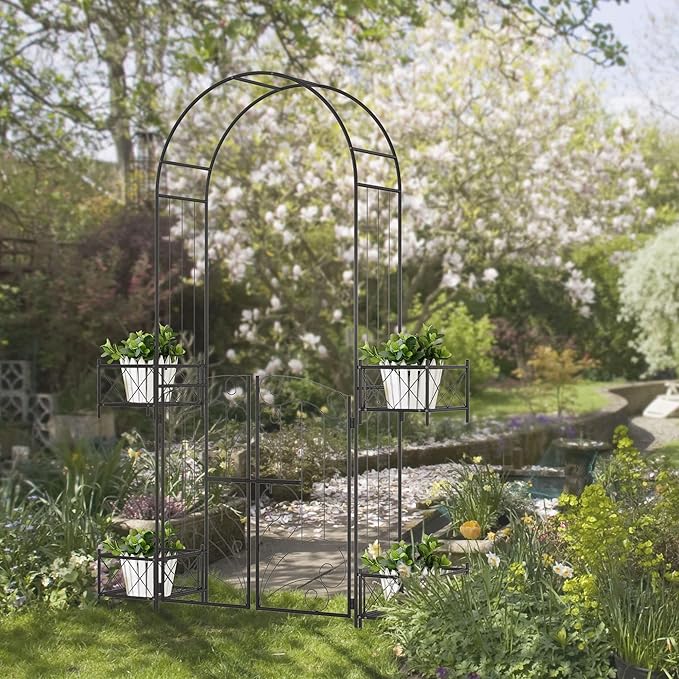 7' Garden Arch Arbor Metal Arch Trwith Gate Garden Archway for Climbing Vines Wedding Ceremony Decoration Black