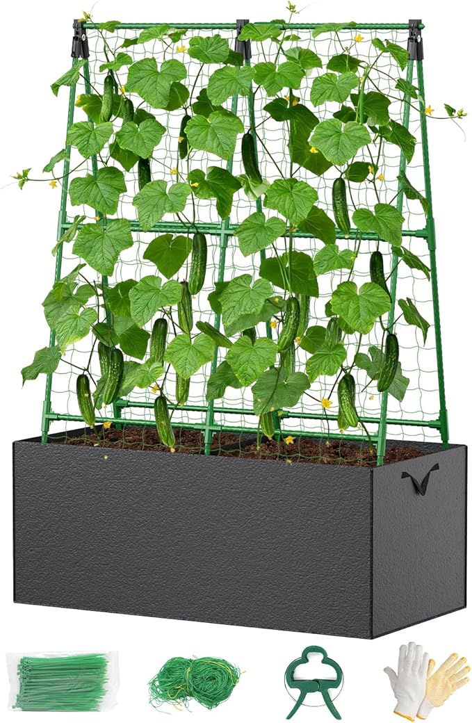 Cucumber Trellis with for Climbing Plants A-Shape Garden Trellis with Grow Bags Metal Plant Trellis with Garden Netting for Vegetables Flowers Fruits