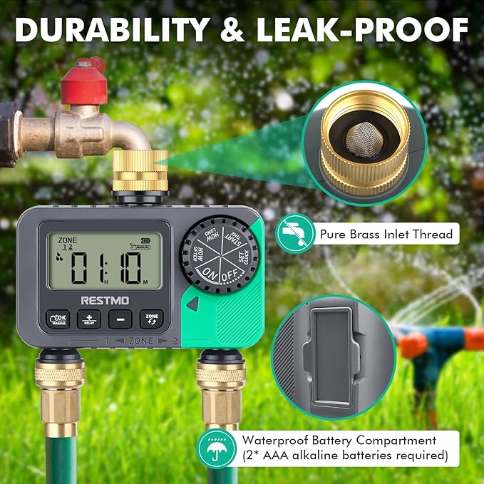 RESTMO Water Timer for Garden Hose Sprinkler Timer with Brass Inlet Automatic Digital Control | Manual ON/Off | Rain Delay for Outdoor Faucet Drip Irrigation and Lawn 2 Outlet